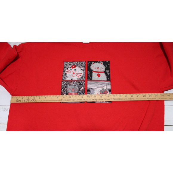 Cat Sweatshirt Women's XL Red LS Pop-over Crewneck Patchwork Crazy Cat Lady Cozy - Picture 9 of 12
